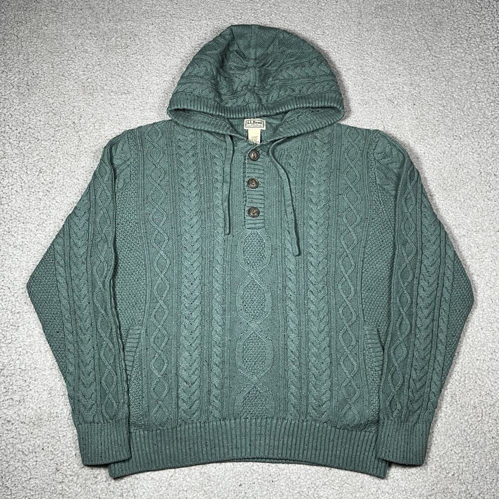 LL Bean Hoodie Mens XL Green Fisherman Knit Henley Organic Cotton Pullover Heavy
